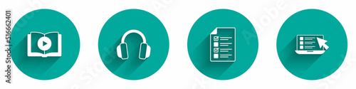 Set Audio book, Headphones, Online quiz, test, survey and icon with long shadow. Vector