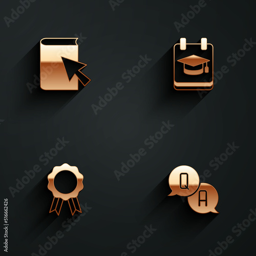 Set Online book, education, with diploma and Question and Answer icon with long shadow. Vector