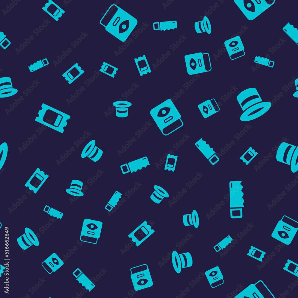 Set Circus ticket, Magic hat, Ancient magic book and Hand saw on seamless pattern. Vector Set Circus ticket, Magic hat, Ancient magic book and Hand saw on seamless pattern. Vector