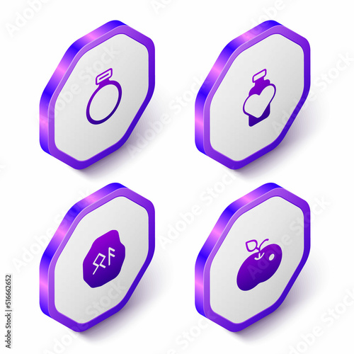 Set Isometric Magic stone ring, Bottle with love potion, runes and Poison apple icon. Purple hexagon button. Vector