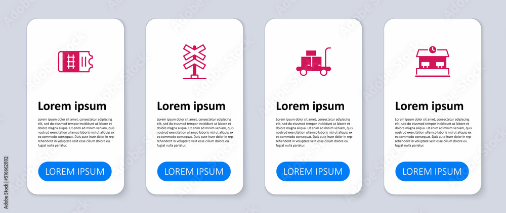 Set Railway station, Trolley suitcase, Railroad crossing and Train ticket. Business infographic template. Vector Set Railway station, Trolley suitcase, Railroad crossing and Train ticket. Business infographic template. Vector