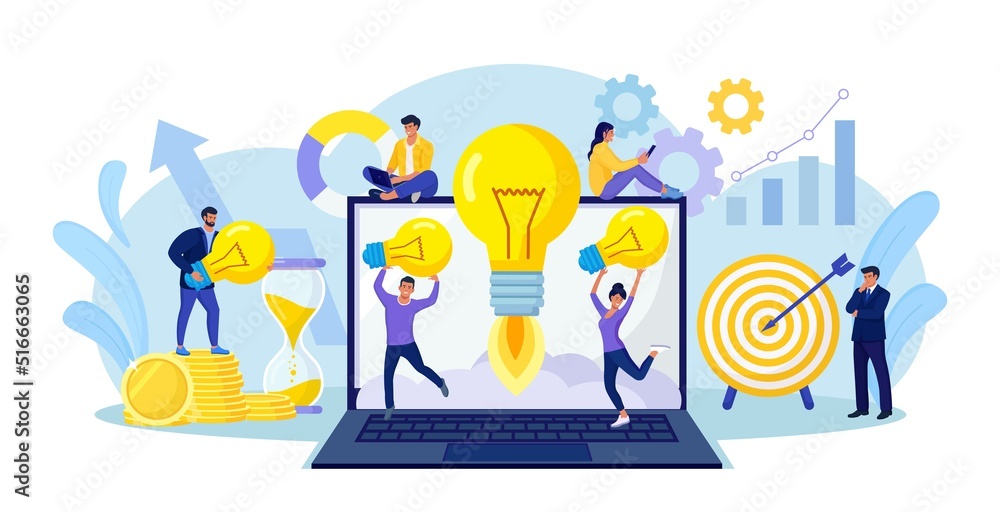 Tiny people develop creative business idea. Big light bulb as rocket on laptop screen. Business meeting and brainstorming, launch startup. Businessmen solve problems and find solutions with teamwork