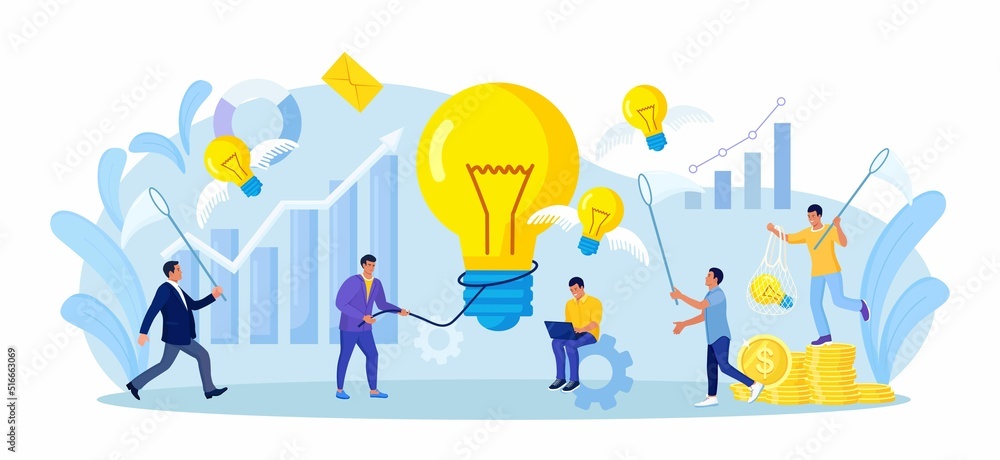 Businessman catches light bulb with lasso, butterfly net. Tiny people develop creative business idea, innovation project. Team analyzes brainstorming method. Businessmen solve problems find solutions
