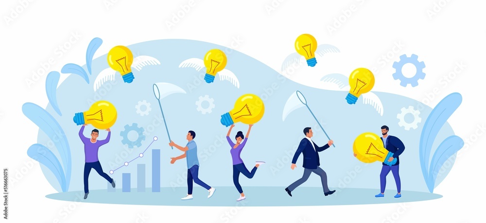 Business people chasing, catch flying light bulb with butterfly net. Capture new business ideas, search for innovation or creativity, brainstorm, invent new project. Motivated employee seek solution