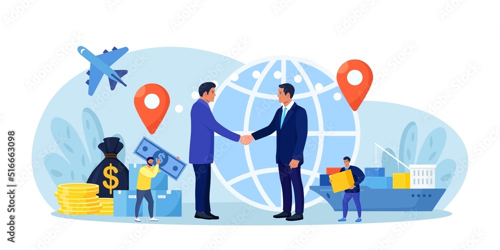 International deal, global business. Diversity, globalization and collaboration. International business relationships, commercial cargo transportation by ships or airplane. Men sell goods around world