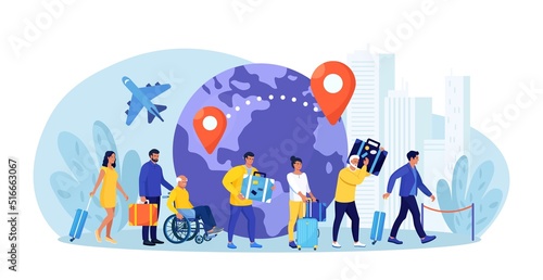 Immigration, emigration, people resettlement. Immigrants standing in queue, waiting departure in airport. Foreign citizen moving to developed countries. Population mobility, human migration