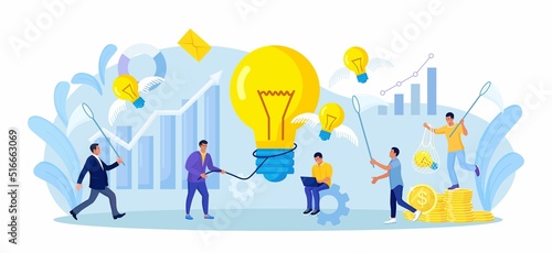 Businessman catches light bulb with lasso, butterfly net. Tiny people develop creative business idea, innovation project. Team analyzes brainstorming method. Businessmen solve problems find solutions