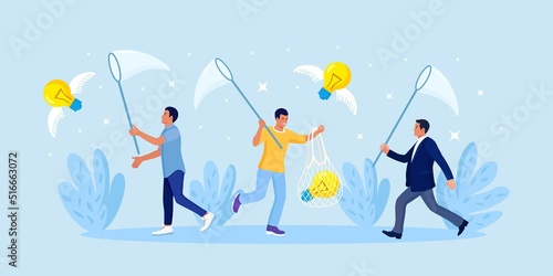 Business people chasing, catch flying light bulb with butterfly net. Capture new business ideas, search for innovation or creativity, brainstorm, invent new project. Motivated employee seek solution