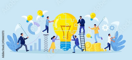 People connect parts of puzzle. Successful cooperation, partnership. Businessman with butterfly nets catching flying winged light bulbs. Teamwork in starting new project, business ideas, innovation