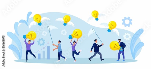 Business people chasing  catch flying light bulb with butterfly net. Capture new business ideas  search for innovation or creativity  brainstorm  invent new project. Motivated employee seek solution
