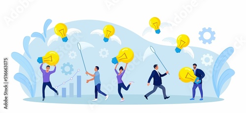 Business people chasing, catch flying light bulb with butterfly net. Capture new business ideas, search for innovation or creativity, brainstorm, invent new project. Motivated employee seek solution