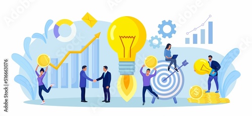 Tiny people develop creative business idea. Big light bulb as metaphor of idea. Business meeting and brainstorming. Businessmen solve problems and find solutions with teamwork.