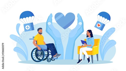 Psychology support for person in wheelchair. Woman caring about man mental health. Social aid and assistance. Solidarity from charitable community, supportive society. Supporting man with disability