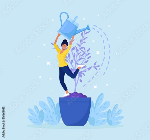 Personal growth. Tiny woman in flower pot watering herself. Metaphor growth personality as plant. Self improvement and professional development
