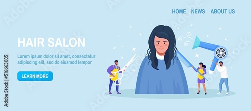 Hair and beauty salon. Hairdressers with professional tools care about hairstyle. Barbers working with clients in hairdressing salon. Hairstylist blow-dry with hairdryer, doing haircuts
