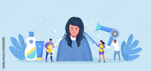 Hair and beauty salon. Hairdressers with professional tools care about hairstyle. Barbers working with clients in hairdressing salon. Hairstylist blow-dry with hairdryer, doing haircuts