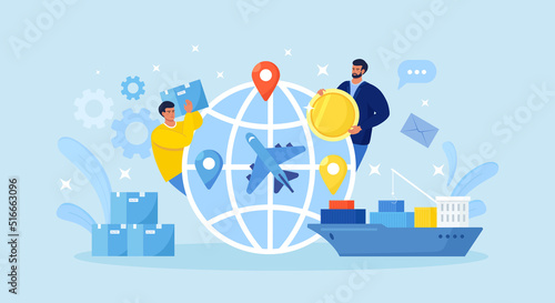 International deal, global business. Diversity, globalization and collaboration. International business relationships, commercial cargo transportation by ships or airplane. Men sell goods around world