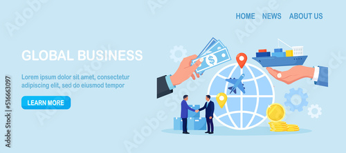 Import and export shipping of shipment with sea or air transport. International logistics, cargo delivery. Global trade. Ocean Freight. Businessman sale goods and services worldwide. World partnership