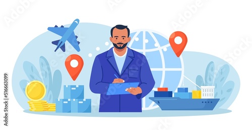 Import and export shipping of goods with sea or air transport. International logistics, cargo delivery. Global trade. Ocean Freight. Businessman sale goods and services worldwide. World partnership