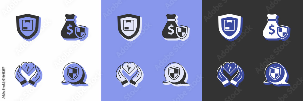 Set Shield, Delivery security with shield, Life insurance and Money bag icon. Vector Set Shield, Delivery security with shield, Life insurance and Money bag icon. Vector