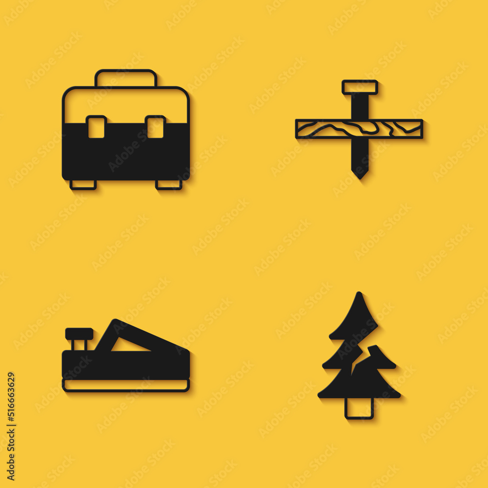 Set Toolbox, Tree, Wood plane tool and Metallic nail icon with long shadow. Vector Set Toolbox, Tree, Wood plane tool and Metallic nail icon with long shadow. Vector