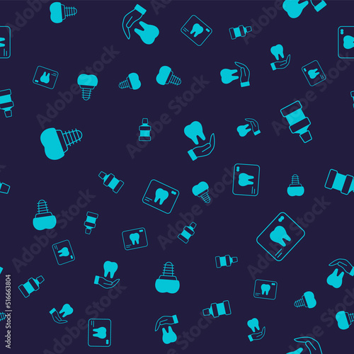 Set Dental implant, Mouthwash, Tooth and X-ray of tooth on seamless pattern. Vector