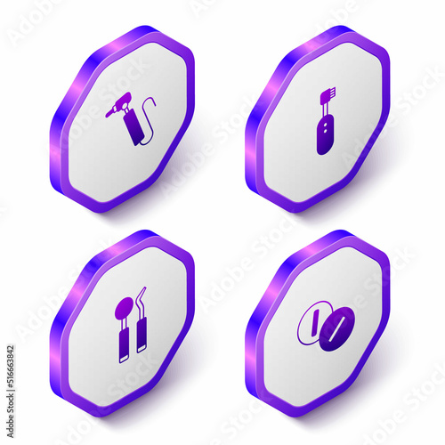 Set Isometric Tooth drill, Electric toothbrush, Dental mirror and probe and Toothache painkiller tablet icon. Purple hexagon button. Vector