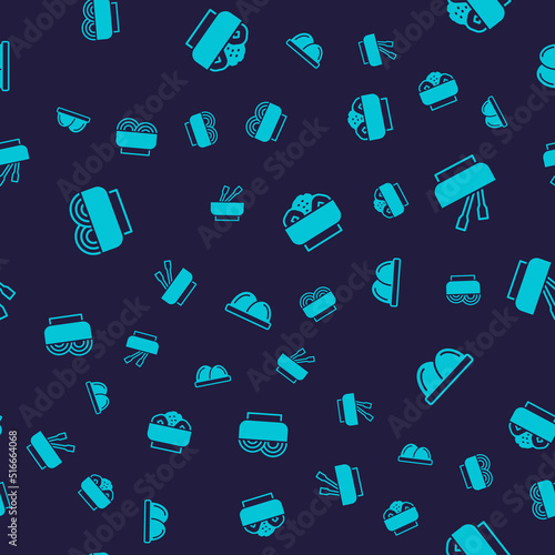 Set Asian noodles in bowl, Chow mein on plate and Sushi on seamless pattern. Vector