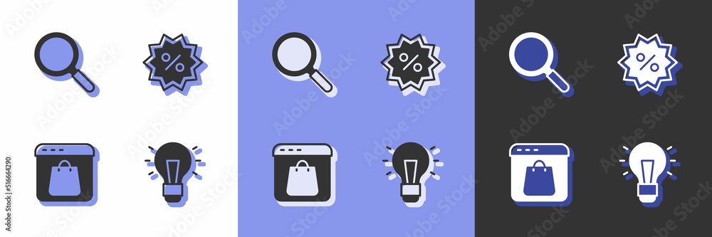 Set Light bulb, Magnifying glass, Online shopping on screen and Discount percent tag icon. Vector Set Light bulb, Magnifying glass, Online shopping on screen and Discount percent tag icon. Vector