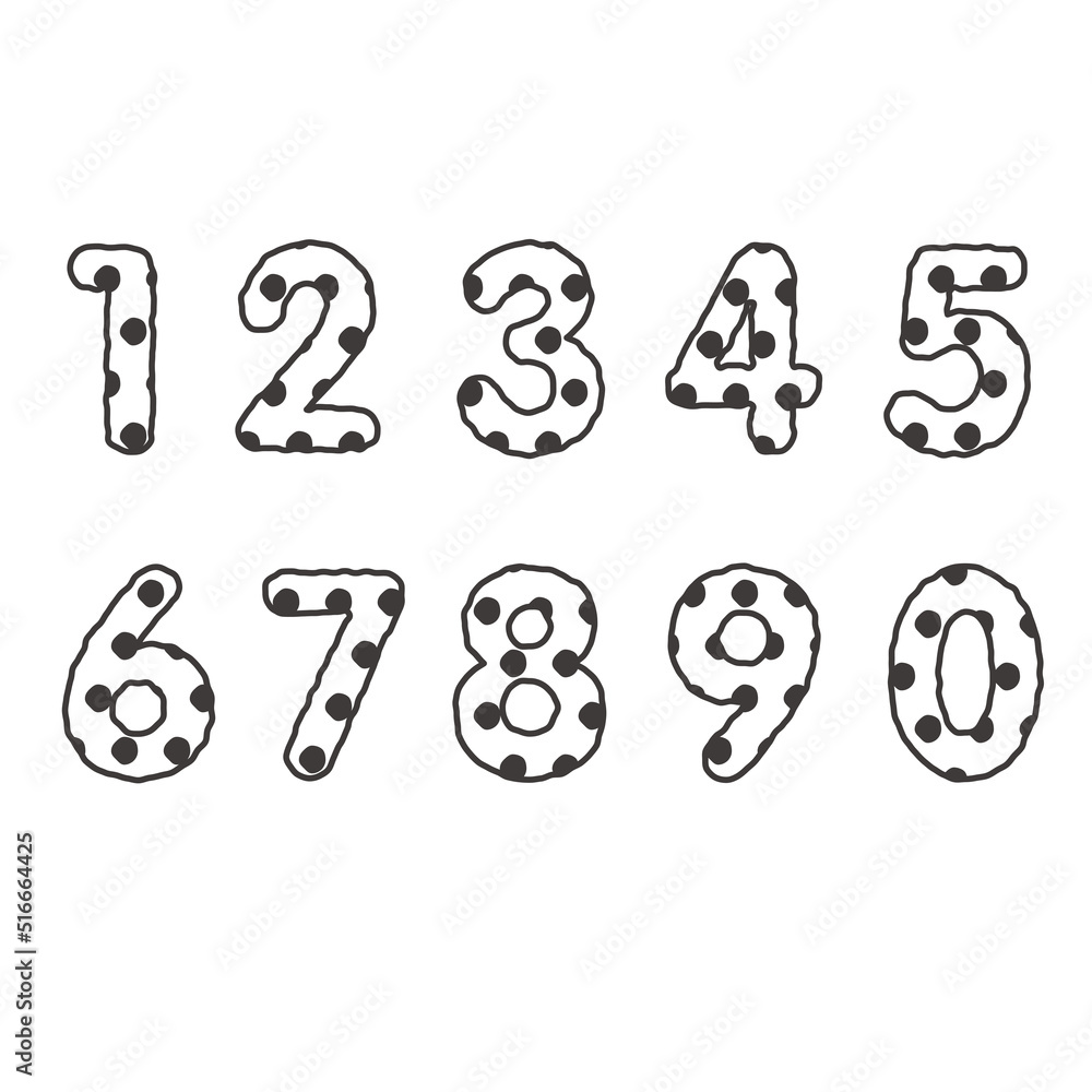 ラフな線とドット柄の数字セット 白黒 ラフな線とドット柄の数字セット 白黒