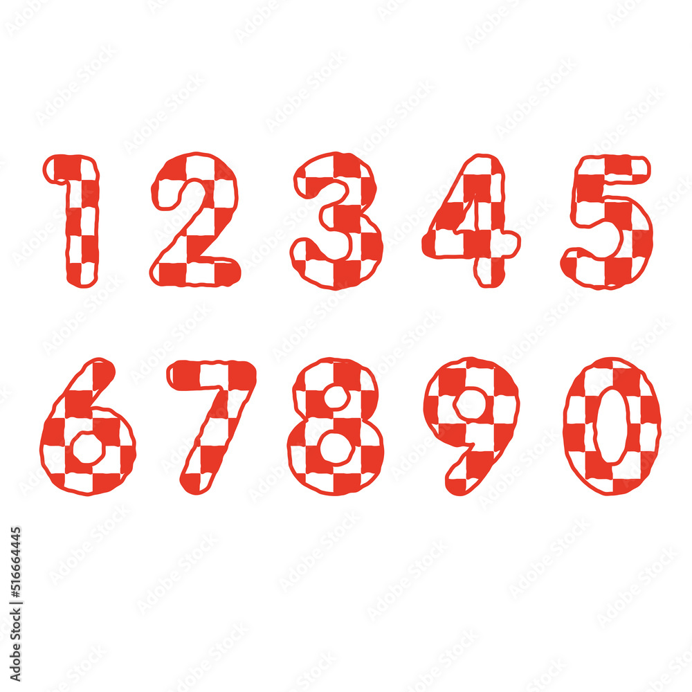 ラフな線とチェッカー模様の数字セット 赤色 ラフな線とチェッカー模様の数字セット 赤色