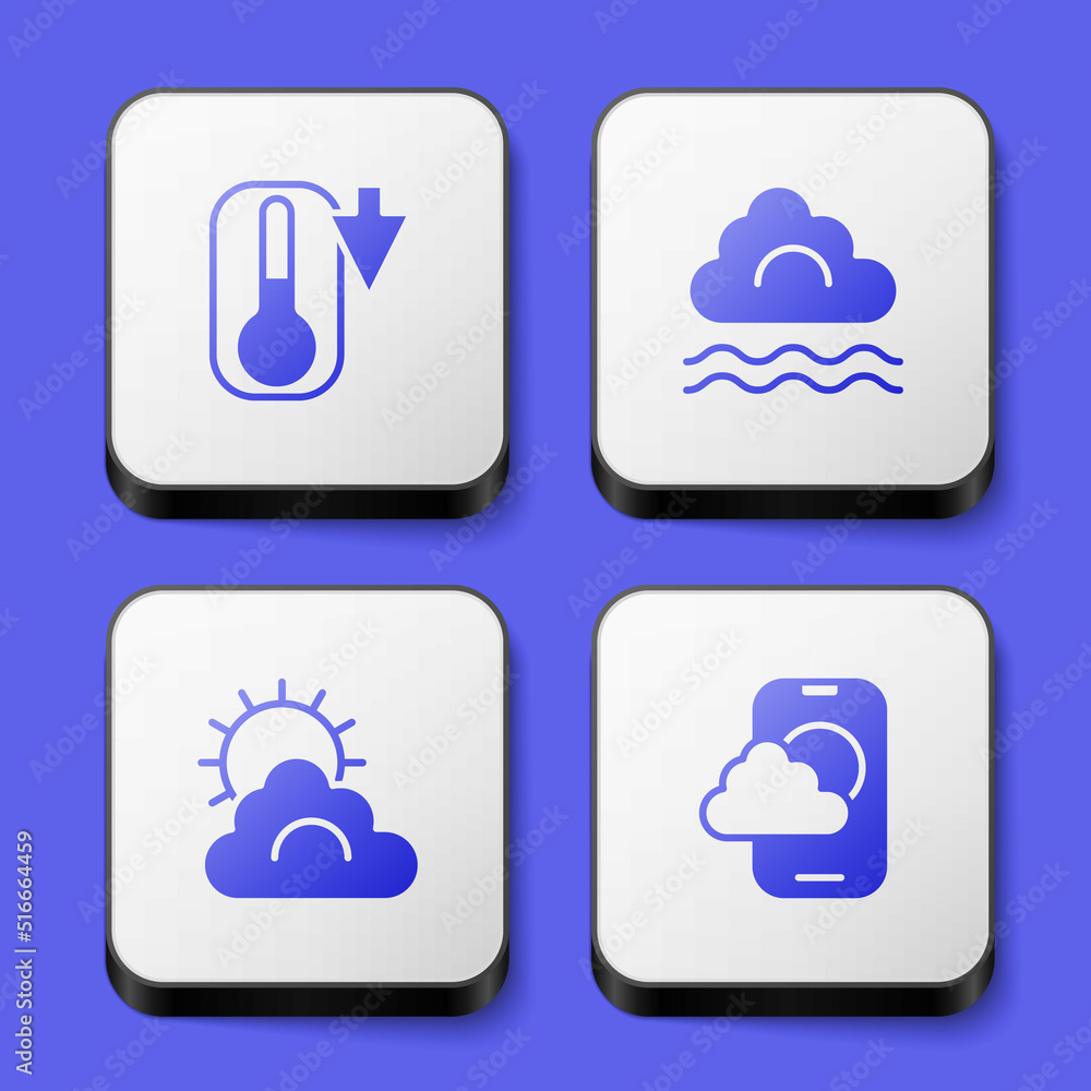 Set Thermometer, Fog and cloud, Sun weather and Weather forecast app icon. White square button. Vector Set Thermometer, Fog and cloud, Sun weather and Weather forecast app icon. White square button. Vector