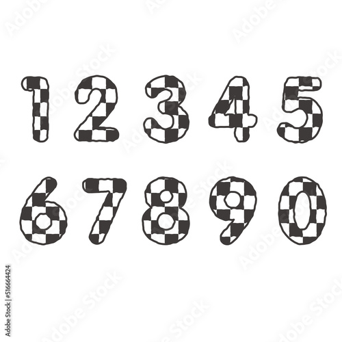 ラフな線とチェッカー模様の数字セット　白黒