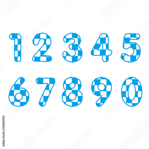 ラフな線とチェッカー模様の数字セット　青色