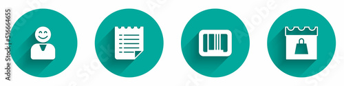 Set Happy customer, Wish list template, Barcode and Shopping day icon with long shadow. Vector