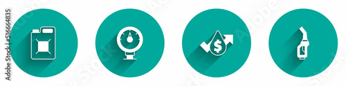 Set Canister for gasoline, Motor gauge, Oil price increase and Gasoline pump nozzle icon with long shadow. Vector