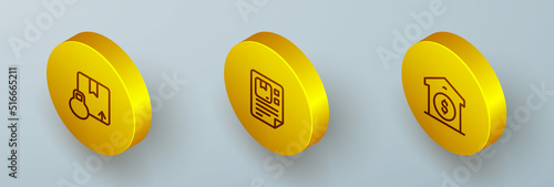 Set Isometric line Carton cardboard box, Waybill and Warehouse price icon. Vector