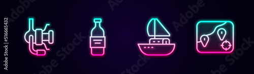 Set line Spinning reel for fishing, Bottle of vodka, Yacht sailboat and Location. Glowing neon icon. Vector