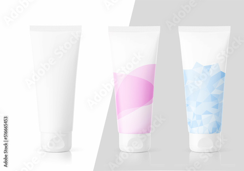 Blank plastic tube mockup for cosmetics with flip top cap. Face and rear side. Vector illustration isolated on white background. Can be use for your design, advertising, promo and etc. EPS10.	