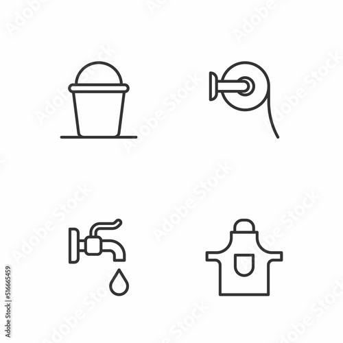 Set line Kitchen apron, Water tap, Bucket and Toilet paper roll icon. Vector
