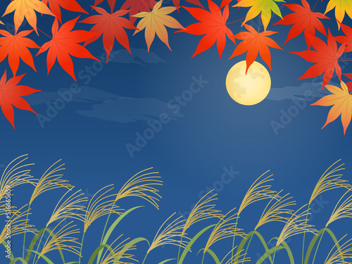 ススキと紅葉と満月の風景_フレーム背景_ベクターイラスト