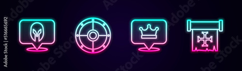 Set line Medieval helmet, Round shield, King crown and Crusade. Glowing neon icon. Vector