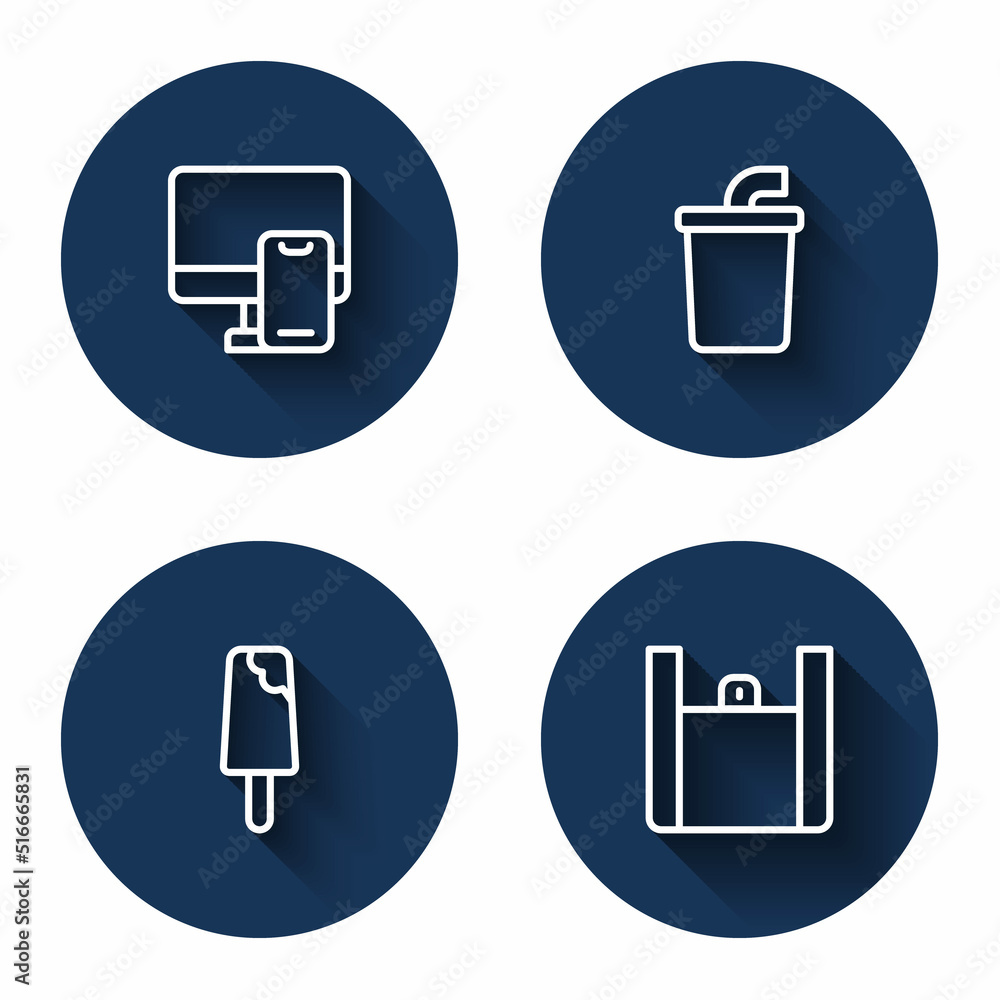 Set line Online ordering food, Paper glass with water, Ice cream and with long shadow. Blue circle button. Vector Set line Online ordering food, Paper glass with water, Ice cream and with long shadow. Blue circle button. Vector