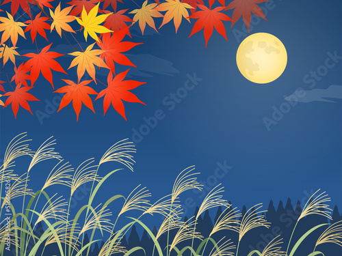 ススキと紅葉と満月の風景_背景_背景_ベクターイラスト