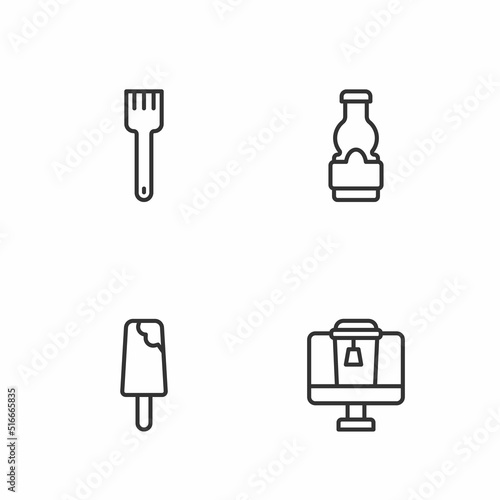 Set line Online ordering food  Ice cream  Fork and Sauce bottle icon. Vector
