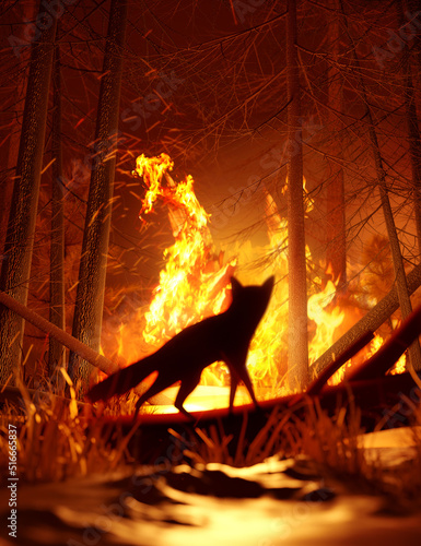 A fox quickly stops to watch the destruction of it's habitat caused by a forest fire before escaping. Climate change and extreme weather events 3D illustration concept.