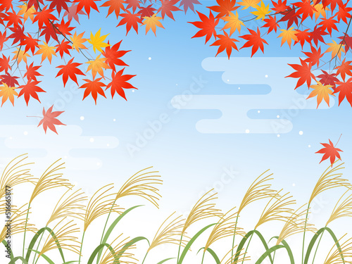 ススキと紅葉の和風背景_フレーム_ベクターイラスト