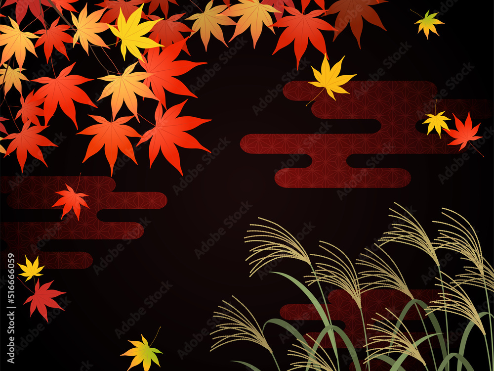 Obraz premium ススキと紅葉の和風イメージ背景_黒_ベクターイラスト