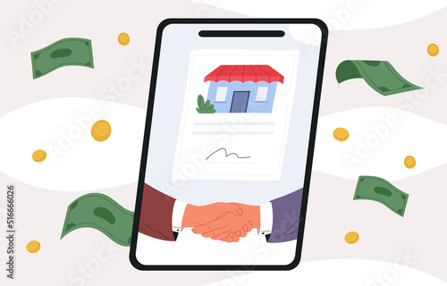 Businessman sells franchise online. Selling agreement with a company buyer. financial success. online franchising. Vector illustration in flat style