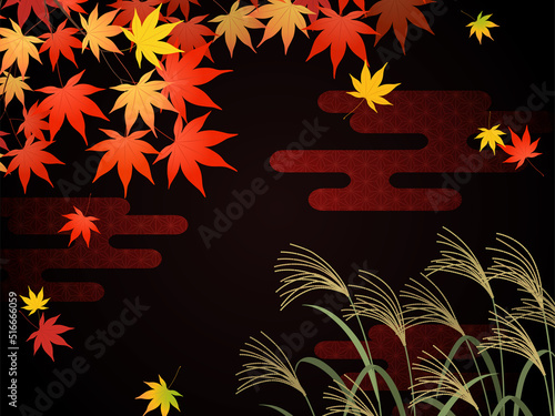 ススキと紅葉の和風イメージ背景_黒_ベクターイラスト